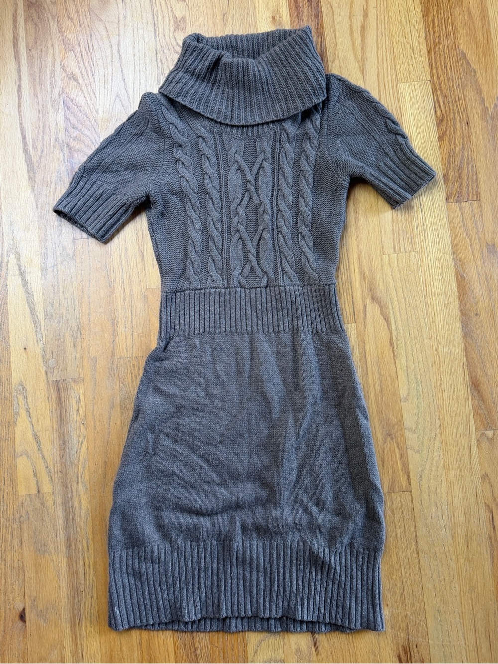 Loft XS Brown Cable-Knit Turtleneck Short-Sleeve Wool Mix Sweater Dress